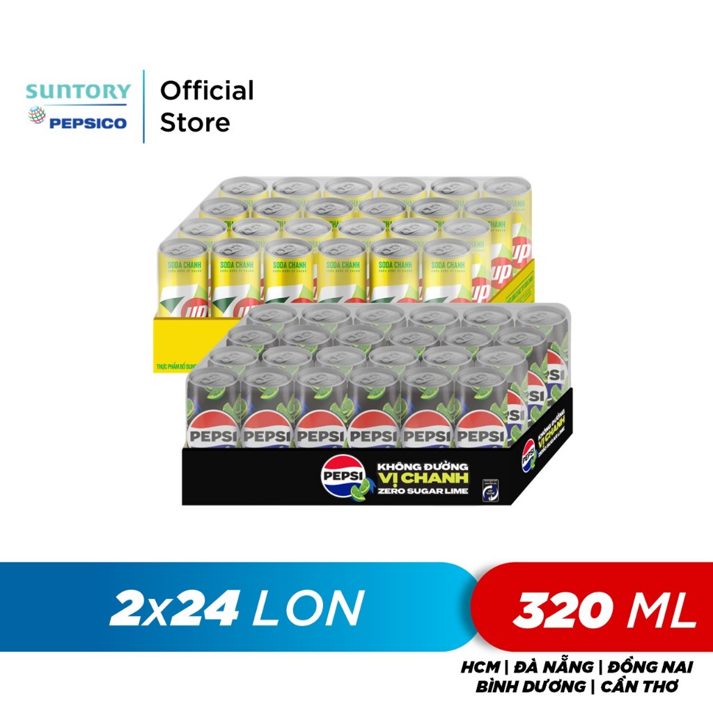 Combo 2 Thùng 24 Lon Pepsi Vị Chanh Không Calo và 7UP Soda Chanh Không Calo (320ml/lon)