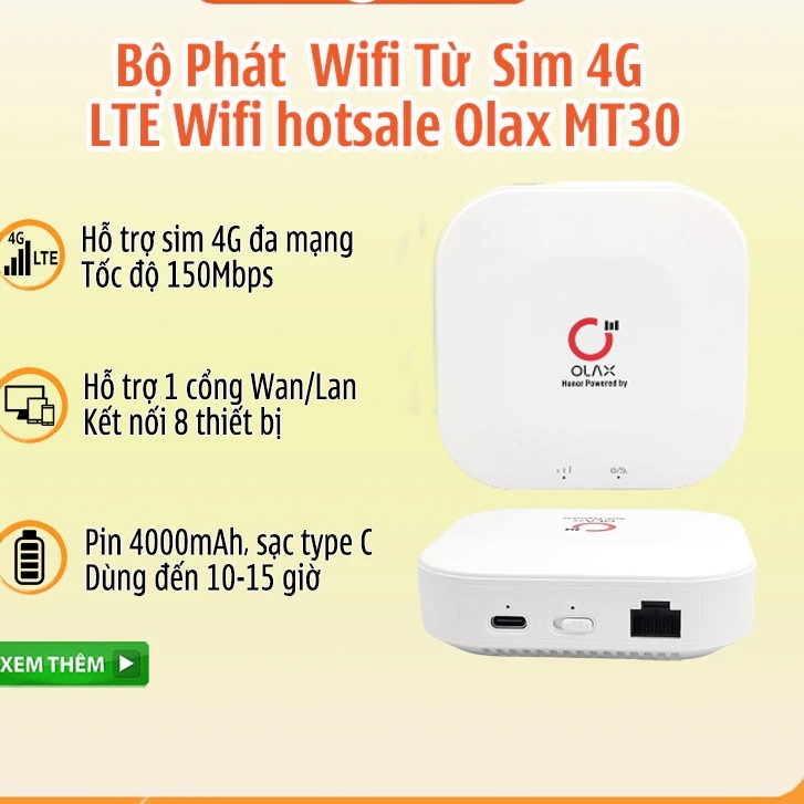 Phát Wifi 4G Từ Sim Di Động Olax MT30 Pin Trâu 4000 ,Có LAN Hỗ Trợ PC, Cổng Sạc Type C Đa Thiết Bị