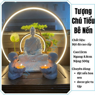 Tượng Chú Tiểu Bê Nến Decor Bàn Thờ, Tượng Đá Dâng Đèn Hoa Sen Dùng Trang Trí Góc Tu Tập Cao 12cm