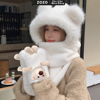 Mũ lông cừu trùm đầu giữ ấm mùa đông ZOZO nón len nữ tai gấu kèm khăn quàng cổ cute dễ thương phụ kiện thời trang ML03