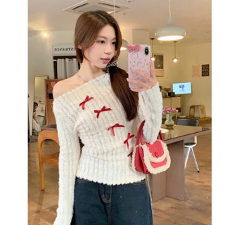  Áo Trễ Vai Phối Nơ Đỏ Tay Dài Hàng Loại 1  Áo Len Cadigan Áo Khoác Đi Chơi Tết Noel Sang Chảnh Tiểu Thư Cho Nàng 