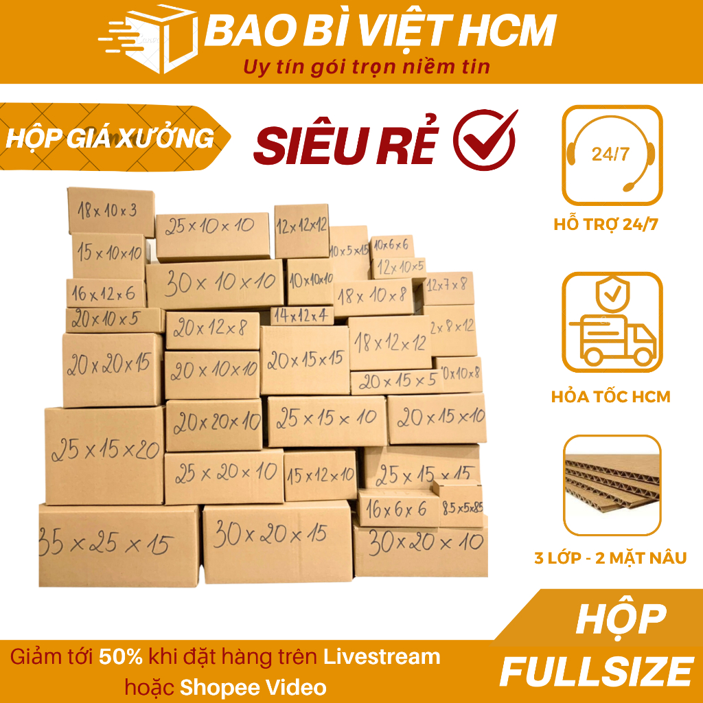 HỎA TỐC 20 Hộp carton đóng hàng, hộp ship cod FULLSIZE đóng hàng giá gốc tận xưởng-Bao Bì Việt HCM