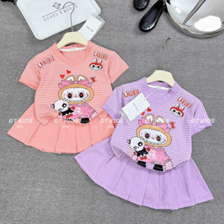 Bộ Đồ Sét Váy Cho bé Gái In Hình Labubu Siêu Hot Kẻ Sọc Thun Cotton 4 Chiều Mềm Mát Từ 10kg Đến 30kg