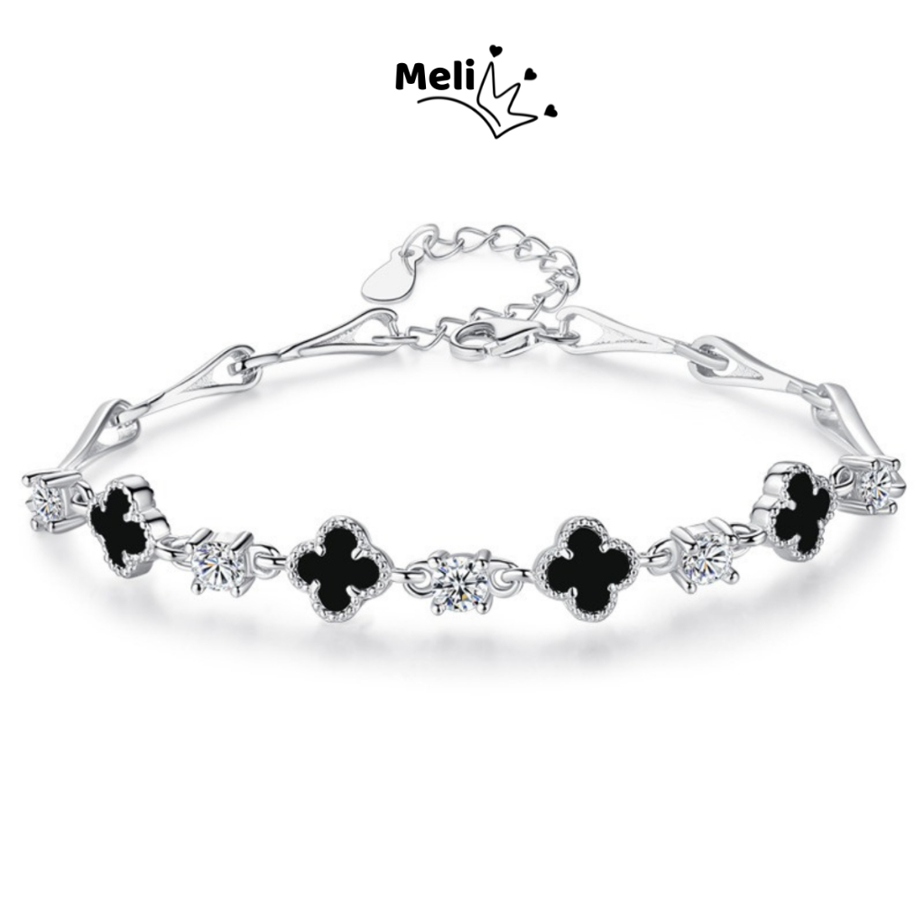Lắc tay nữ MELI, vòng tay cỏ 4 lá đen đính đá Zirconia cao cấp LT21