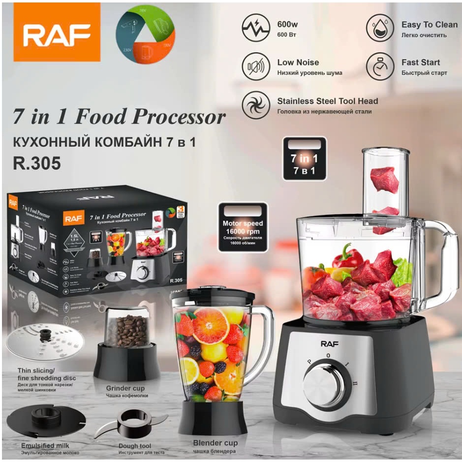 Máy Chế Biến Thực Phẩm Đa Chức Năng 7in1 RAF 600W - Xay Sinh Tố, Xay Thịt, Thái Rau Củ Trái Cây