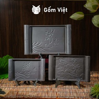 Khay trà, nước tử sa đất nung màu đen, đỏ kiểu lá sen, nho, thủng - Gốm sứ Bát Tràng - Gốm Việt