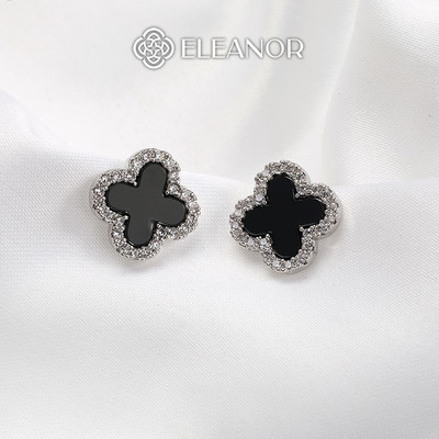 Bông tai nữ chuôi bạc 925 Eleanor Accessories cỏ 4 lá đính đá phụ kiện trang sức khuyên tai 8645