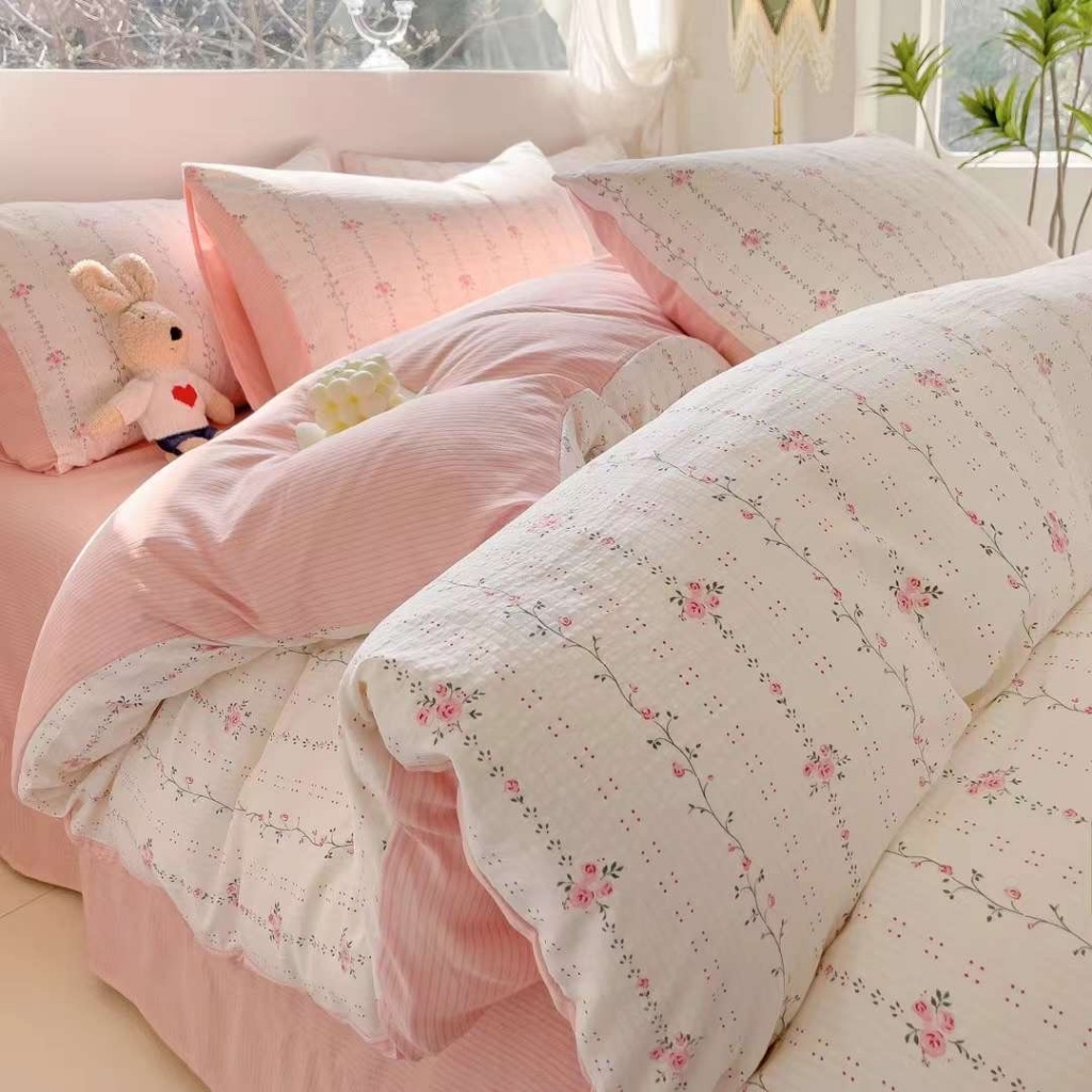 Bộ Chăn Ga Gối Cotton Đũi Họa Tiết Hoa Lá Vintage Phong Cách Hàn Quốc, Chăn Ga Gối Đũi Mềm Mịn Thoán