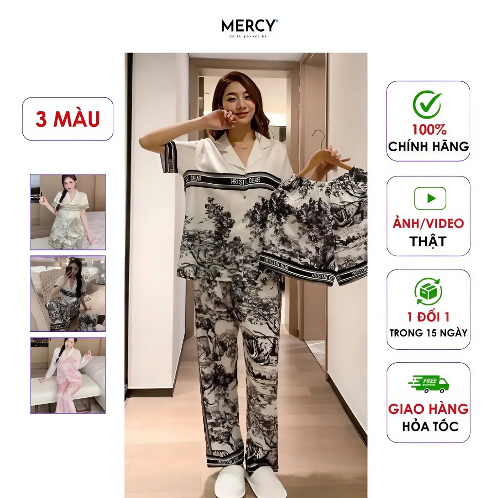 Đồ bộ pizama nữ Mercy lụa vân ánh kim CD 3 màu : Đen - Xanh rêu - Hồng P3CD39