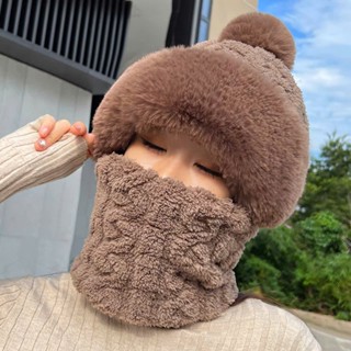 Mũ len lông cừu 1 quả bông kèm khăn liền mũ kiểu dánh mông cổ tiêu thư sang chảnh