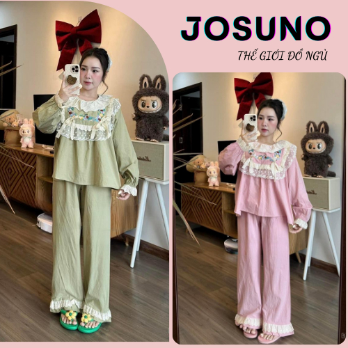 Đồ ngủ nữ pijama set đồ nữ dài tay họa tiết phối ren siêu xinh JOSUNO hcom3414