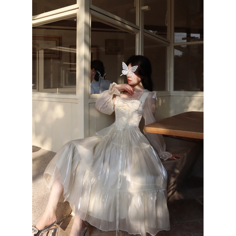  Đầm nữ dáng dài tiểu thư sang chảnh thiết kế cổ vuông tay bồng phối nơ ngực độc đáo cho nàng đi tiệc chụp ảnh - TLV22  