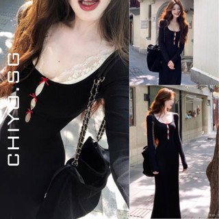 Đầm thun body ôm đuôi cá phối ren đính nơ CHIYO.SG phong cách thanh lịch D393