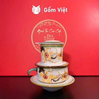 Bộ phin cà phê men vẽ kèm cốc nhiều họa tiết thủ công để pha coffee - Gốm sứ Bát Tràng - Gốm Việt