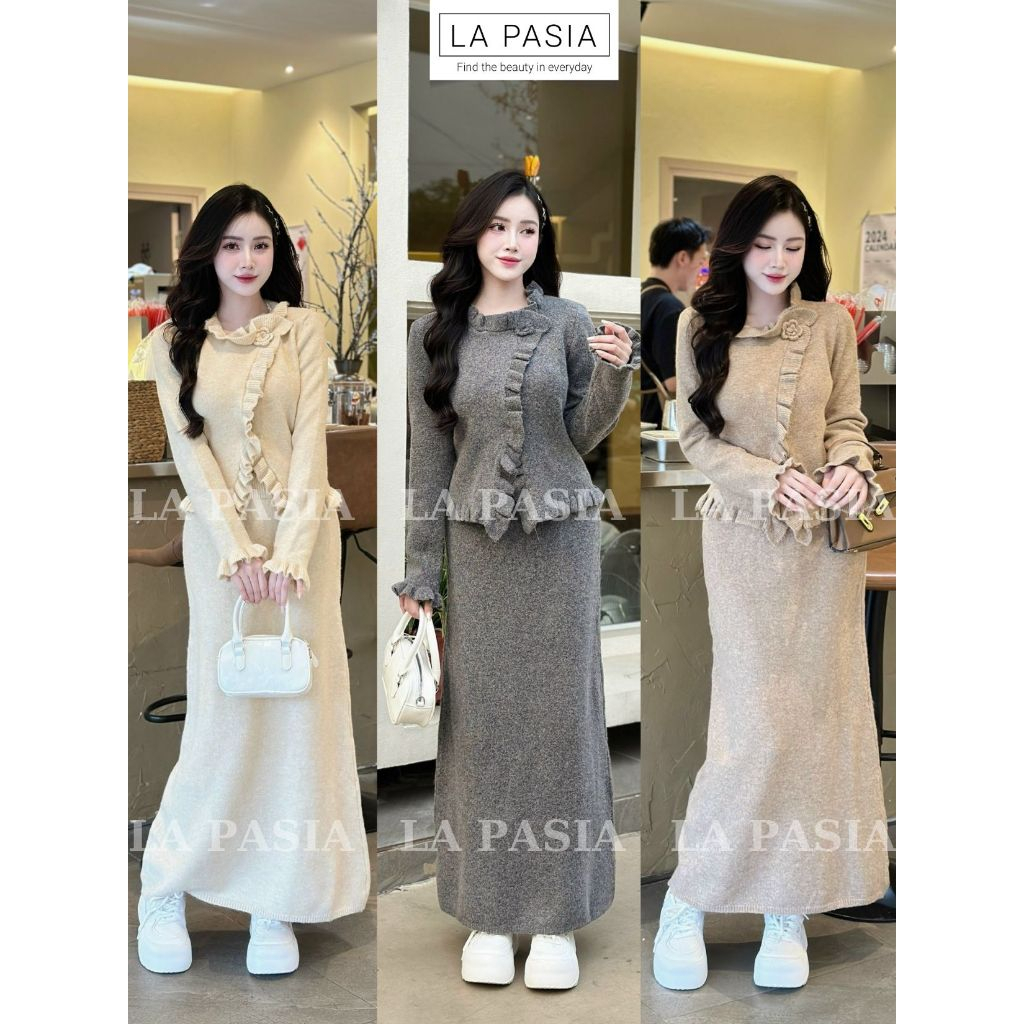 Set Váy Đầm Len Dáng Dài Sang Chảnh Phối Áo Tay Bèo Dịu Dàng LAPASIA LP141 Mặc Mùa Thu Đông