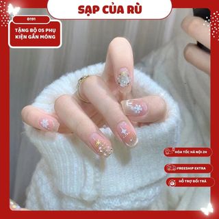  Đ191 Móng tay giả Ngắn form vuông bộ 24 móng Móng giả Giáng sinh Noel làm nail sơn gel mắt mèo 