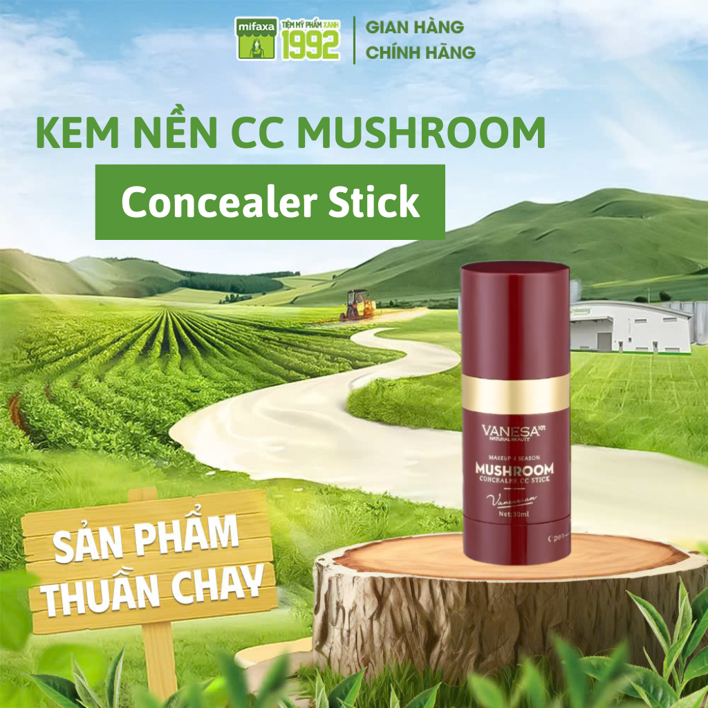 Kem nền CC VANESA MUSHROOM Concealer Stick che khuyết điểm, nâng tone chống nước - Tặng mút tán kem
