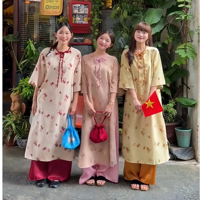 SET ÁO DÀI CÁCH TÂN TỬ KỲ CHẤT NHUNG CHÉO THÊU HOA THẮT NƠ KÈM QUẦN SIÊU XINH TẾT 2025