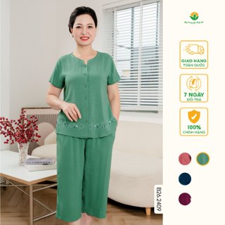 Đồ bộ lanh tole trung niên mặc nhà quần lửng, áo cộc tay thêu gấu thời trang Việt Thắng - B26.2409