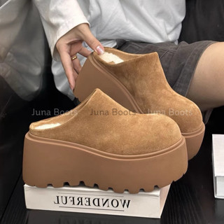 Sục Nữ Trơn Da lộn mix lông cừu đế cao bánh mì tôn dáng - Dép Suede Mule Platform đi mùa Thu Đông giữ nhiệt Qccc L1
