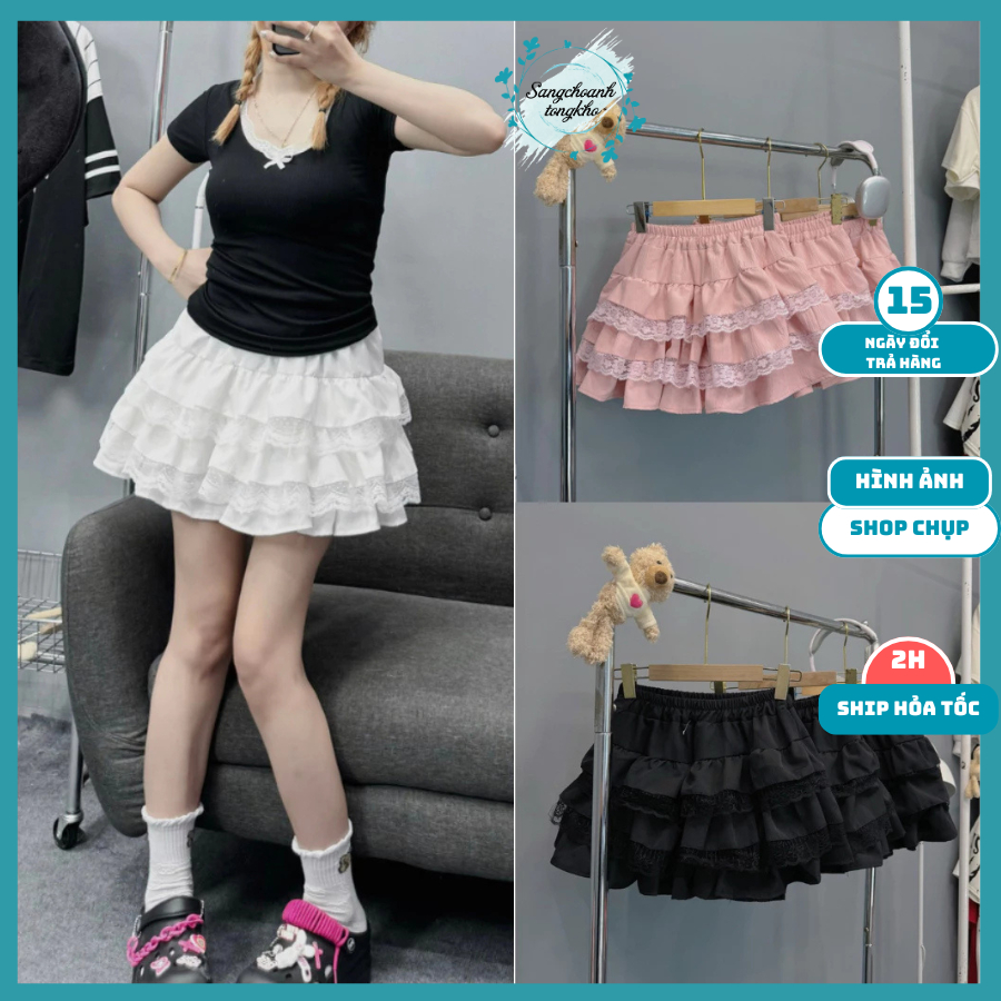 Chân váy nữ ren xếp tầng dáng xòe lưng chun cạp cao, quần váy chữ A dáng ngắn sexy phong cách tiểu thư