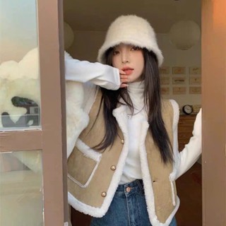 [SẴN] Áo khoác gile nữ Croptop form rộng, áo ba lỗ da lộn màu nâu lót lông cừu túi hộp - 201