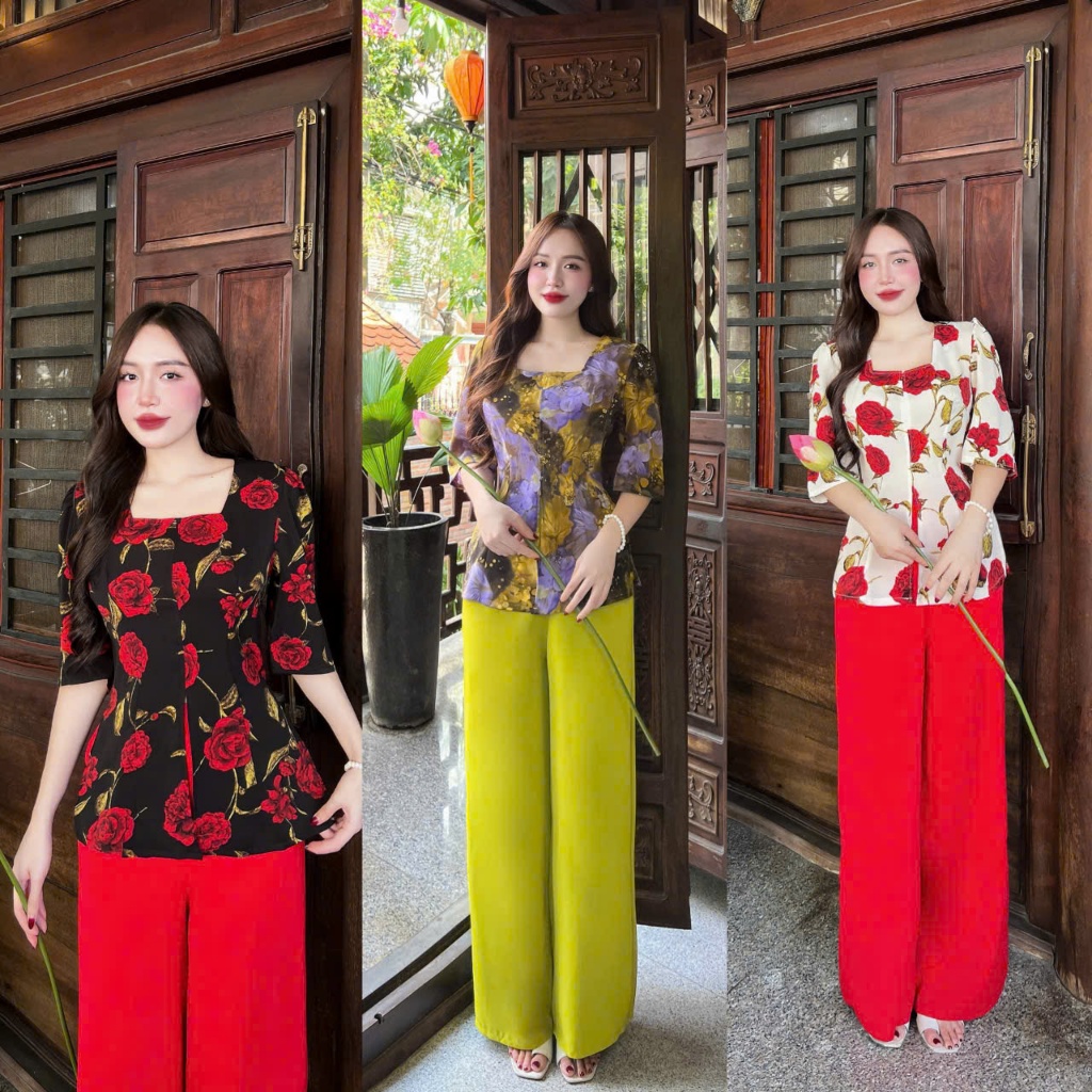sét bộ bà ba cổ vuông tay lỡ hoa hồng chất vải lụa mango có size nhỏ và lớn từ 42-67kg