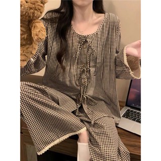 Bộ đồ ngủ, đồ mặc nhà dài tay nữ pijama kẻ đen phối ren bộ bầu bigsize basic thu đông mã 2429 M-3