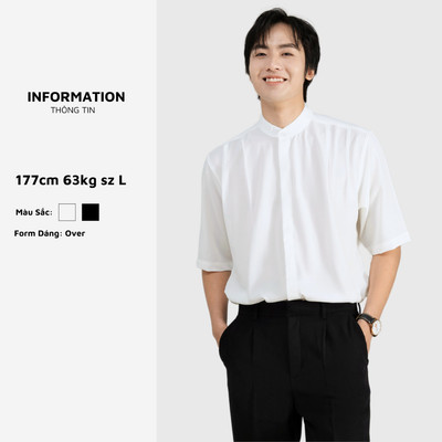 Áo sơ mi cổ tàu ARMCEO ngắn tay form rộng cách điệu chất liệu lụa Korea  -S08