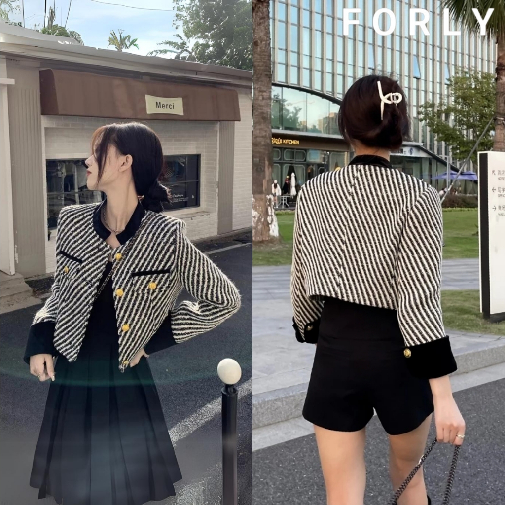 Áo dạ tweed Forly Offical cổ tàu dáng ngắn áo dạ kẻ phối tay phủ nhung cúc đồng sang trọng Phiếu HDS