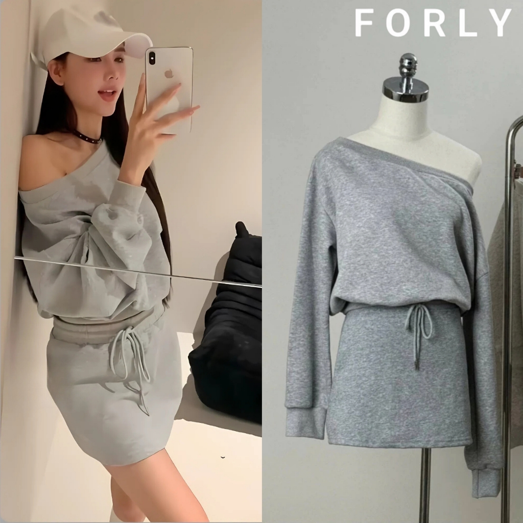 Set Áo Nỉ Sweater Form Rộng Trễ vai Mix Chân Váy Chữ A Phong Cách Hàn Quốc Forly Offical T084