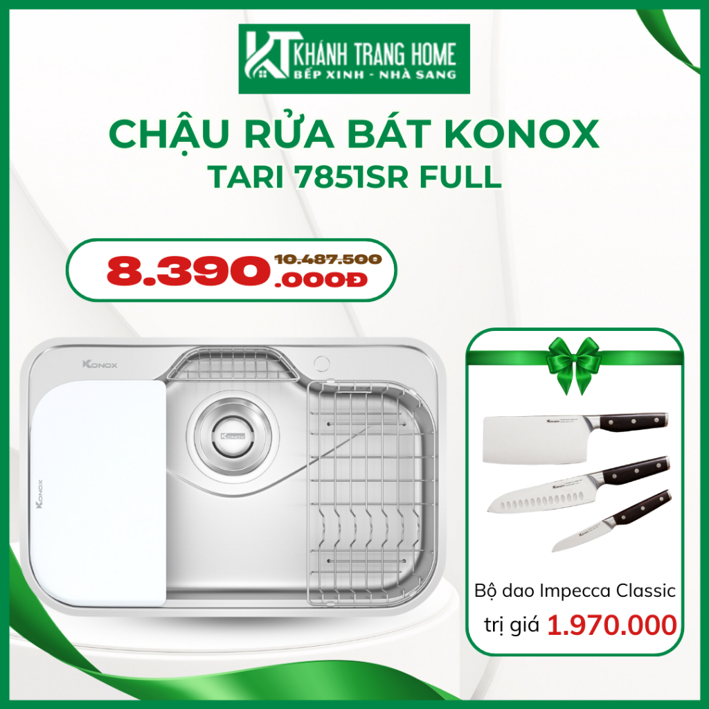 Chậu rửa bát KONOX TARI 7851SR FULL tặng kèm bộ dao Impecca Classic 3 món - Khánh Trang Home