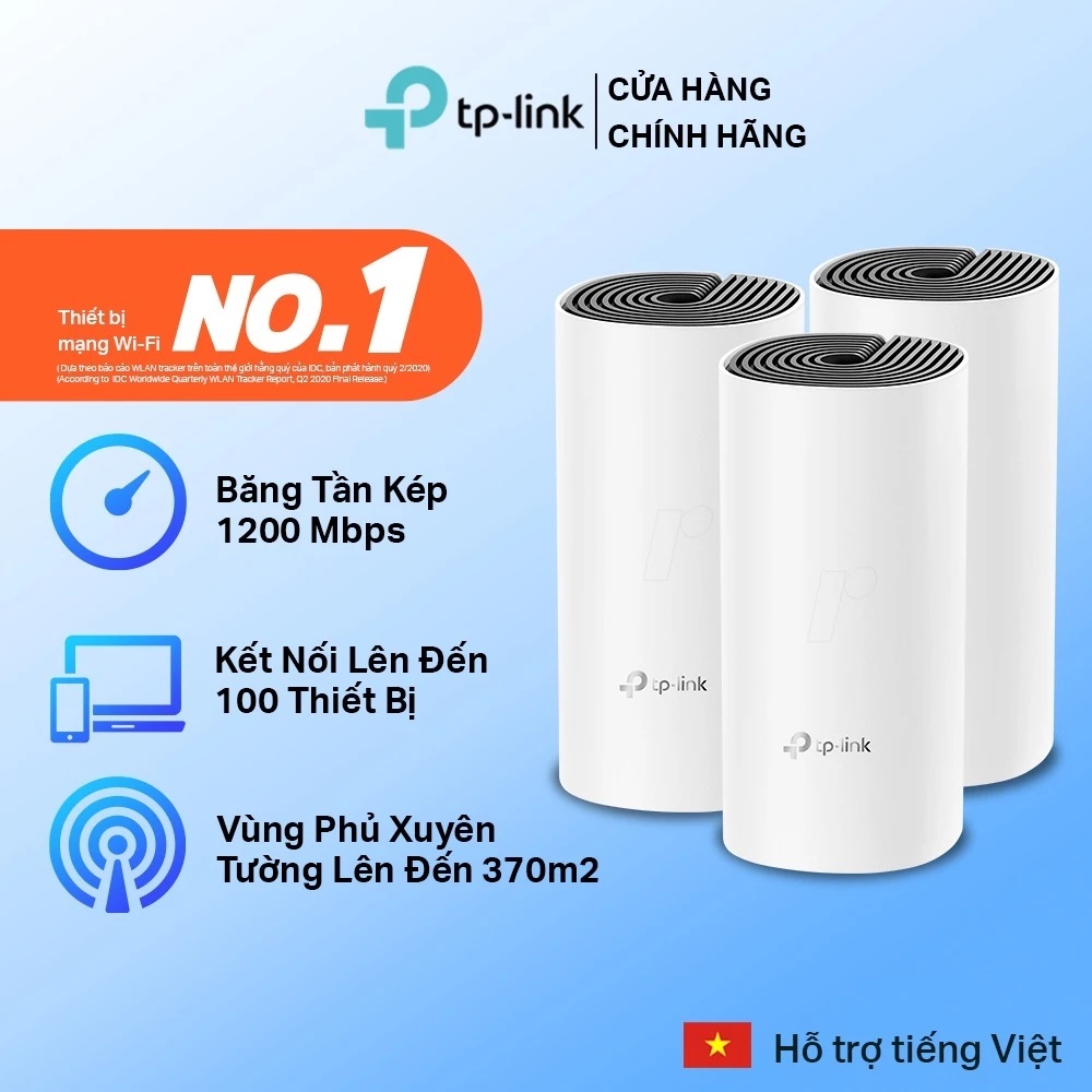Hệ thống Wifi Mesh TPlink Deco E4 (3-pack) Chuẩn AC 1200Mbps Dành Cho Gia Đình...