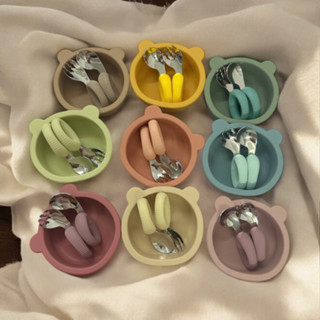 Set bát ăn dặm silicon kèm thìa dĩa tập xúc inox cho bé M40