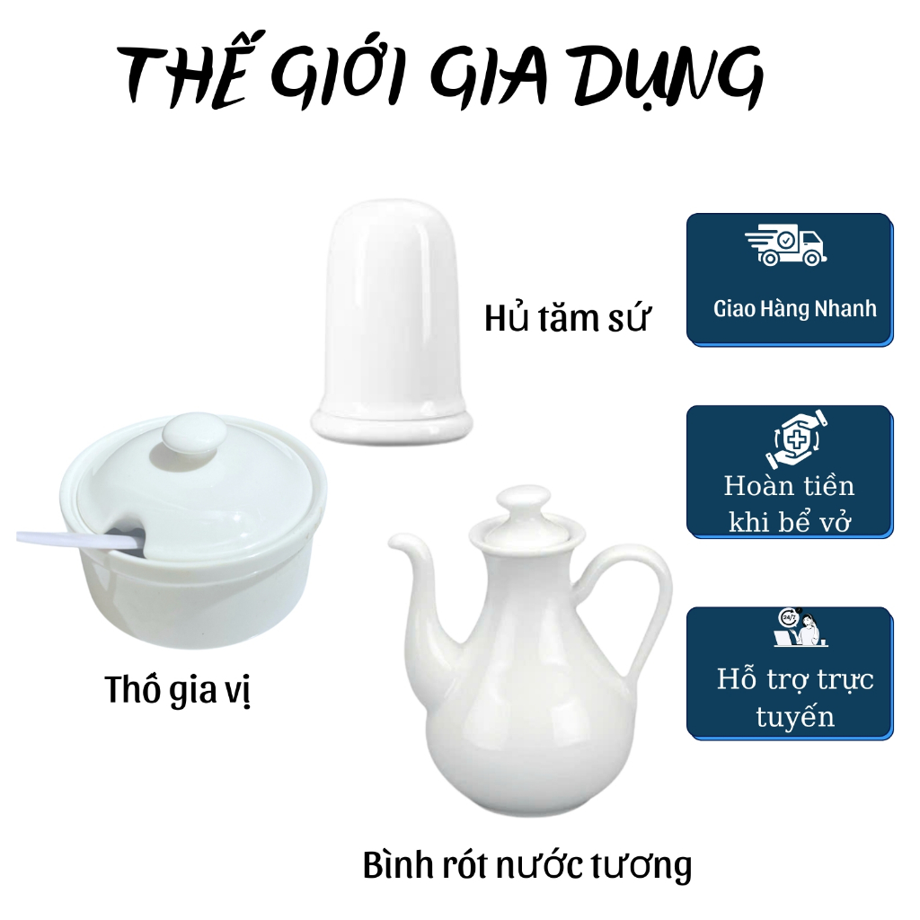 thố đựng gia vị bằng sứ trắng tặng kèm muỗng, hủ đựng tăm, bình rót tương cao cấp Minh Châu