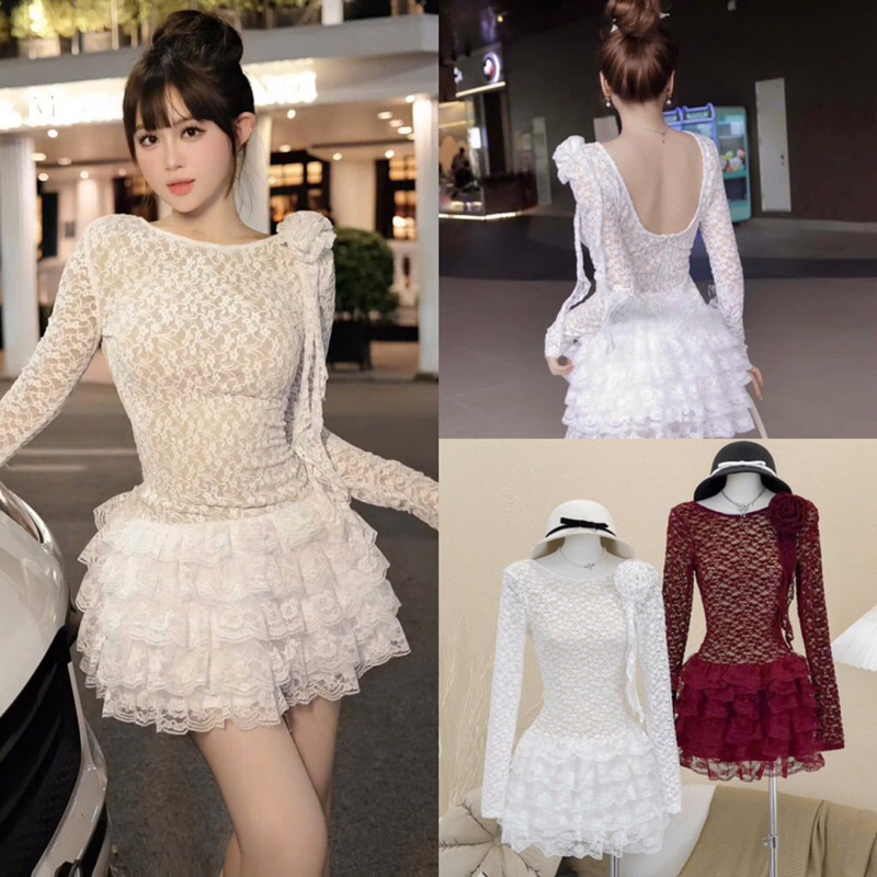 Đầm Váy Ren Tay Dài Ôm Body Đính Hoa To Hở Lưng Phối Tùng Váy Tầng Màu Đỏ Trắng