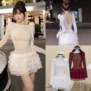 Đầm Váy Ren Tay Dài Ôm Body Đính Hoa To Hở Lưng Phối Tùng Váy Tầng Màu Đỏ Trắng