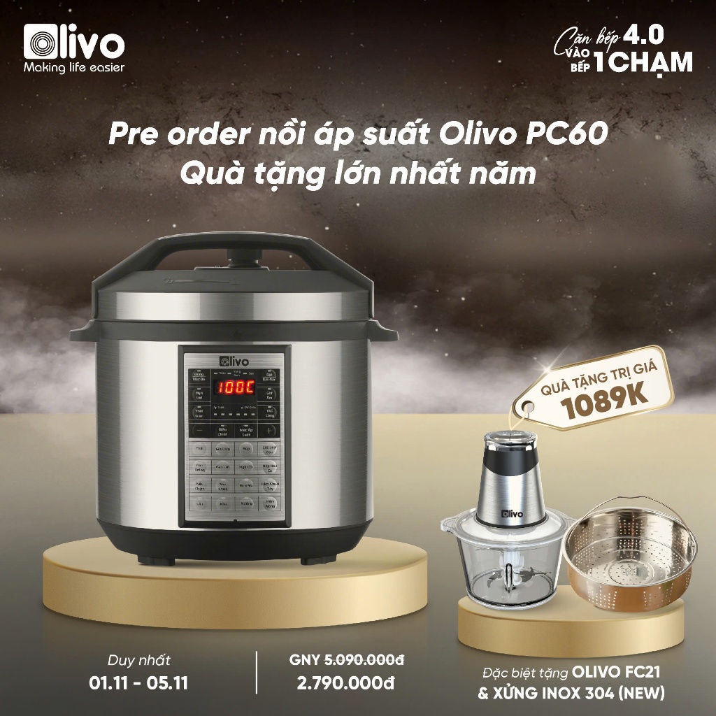 (kho cá)Nồi Áp Suất Điện Olivo PC60,16 Chức Năng, Dung Tích 6L