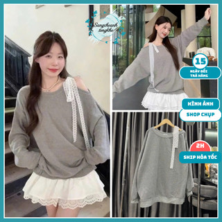 Áo sweater nữ form rộng, áo nỉ trơn trễ vai sexy phối họa tiết viền ren nổi bật chất liệu nỉ bông