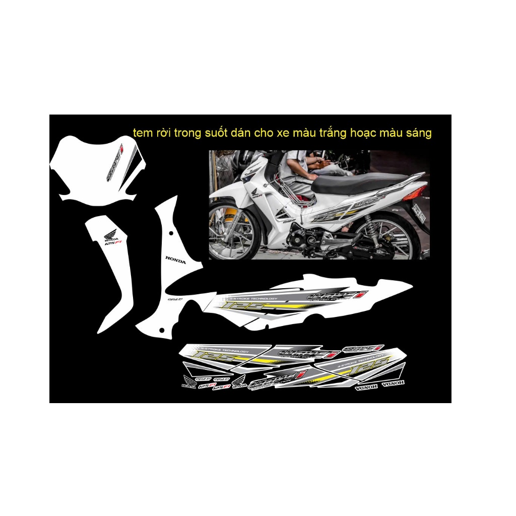 tem future x chế wave i trắng đen chỉ vàng cao cấp, tem trong suốt dán cho xe màu sáng