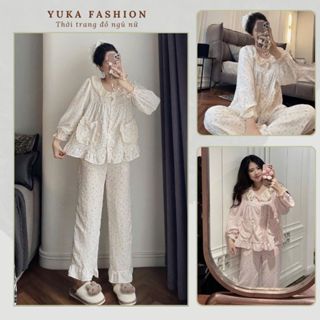 Đồ ngủ nữ  pijama tiết hoa nhí phối cổ bèo dài tay thu đông mặc nhà đi chơi sang chảnh HCOM3216 Yuka fashion