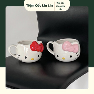 Cốc sứ Hello Kitty đeo nơ đỏ hồng dung tích 350ml, Ly nước văn phòng, cốc trẻ em, cốc sứ hoạt hình dễ thương