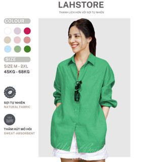 Áo sơ mi nữ tay dài form rộng LAHSTORE vải linen trễ vai tay bồng đuôi tôm (Xanh Két)