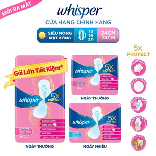 Băng Vệ Sinh WHISPER 5X Bảo Vệ Mặt Bông Siêu Mỏng Cho Ngày Thường Và Ngày Nhiều Khô Thoáng Gói 20 Miếng/16 Miếng/13Miếng