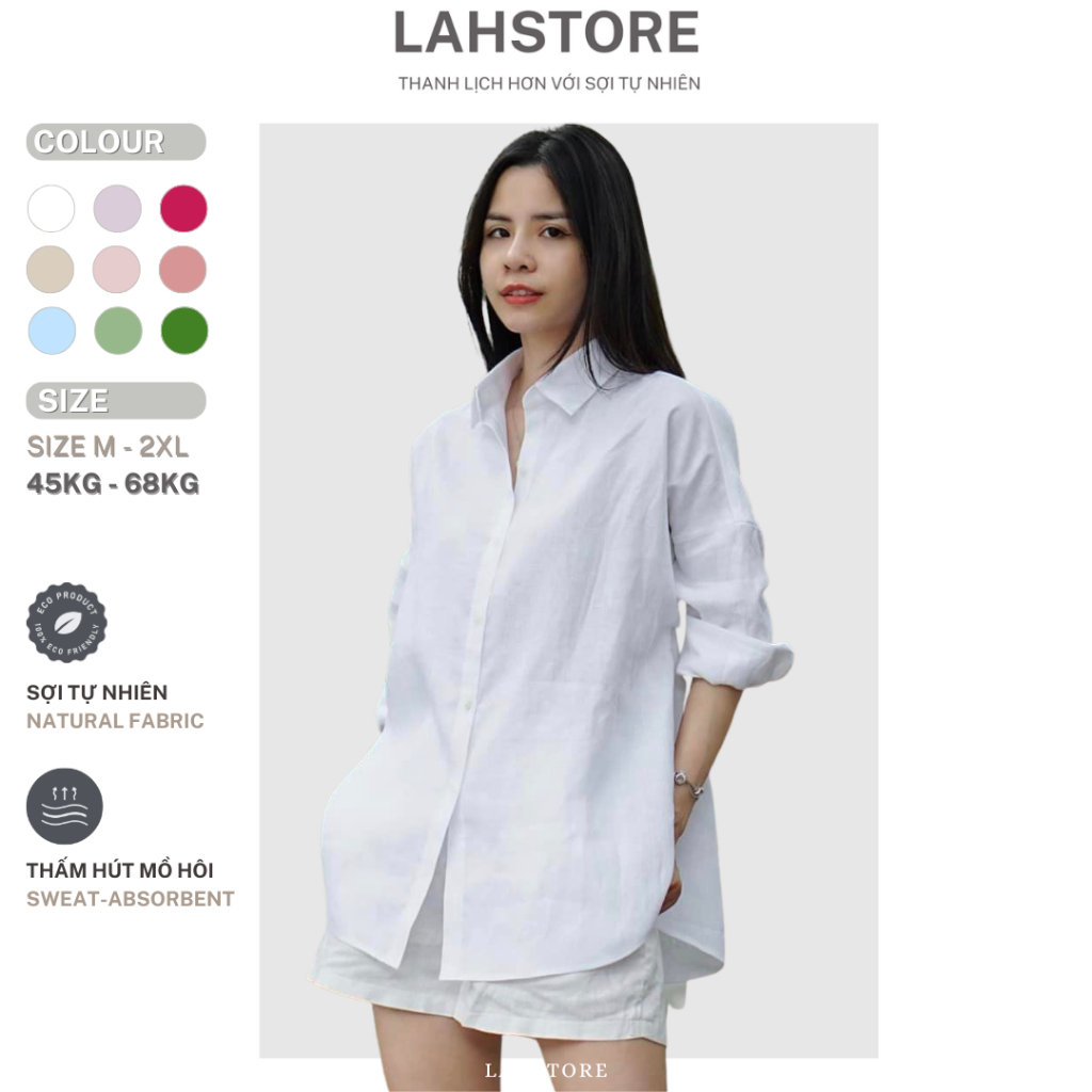 Áo sơ mi nữ tay dài form rộng LAHSTORE vải linen trễ vai khoét đuôi tôm (Trắng)