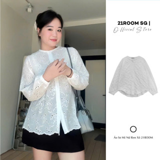 A205 Áo Sơ Mi Ren Xô Tay Dài Cổ Tròn Cài Cúc 21ROOM Form Rộng Phong Cách Bánh Bèo Hàn Quôc