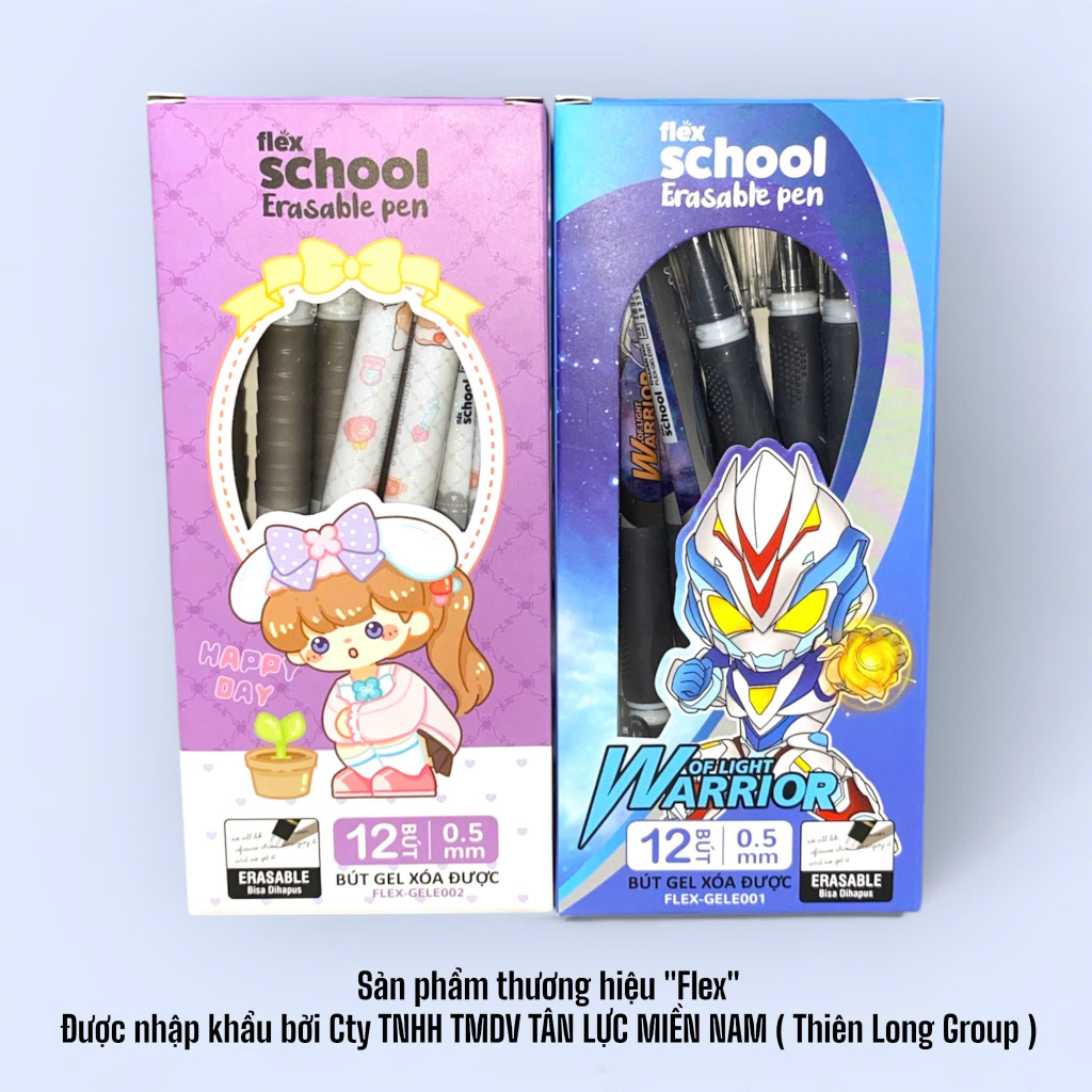 Hộp 12 Cây Bút Gel Xoá Được Thiên Long FLEX-GELE001/FLEX-GELE002 Mực Xanh/Đen/Tím Có Gôm Trên Nắp