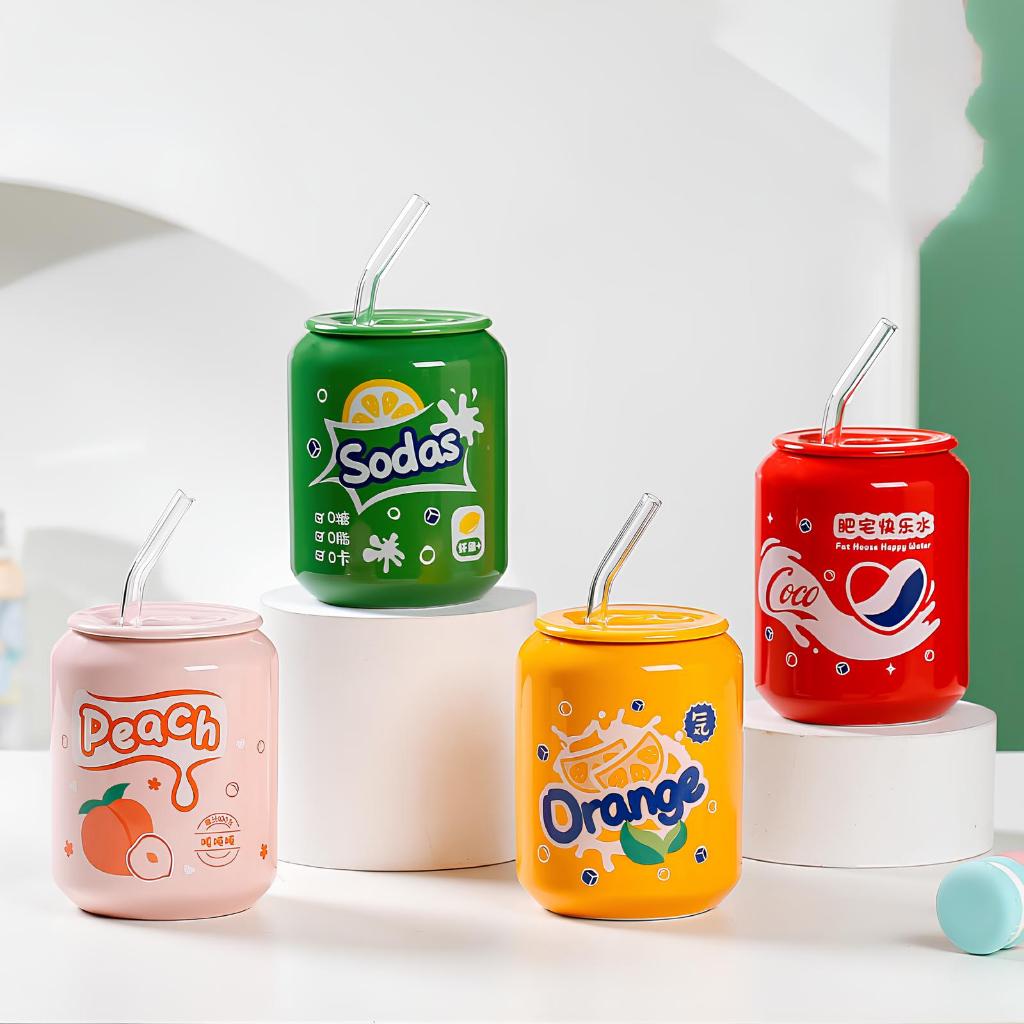 Cốc Sứ Hình Lon Nước Có Nắp Đậy Kèm Ống Hút