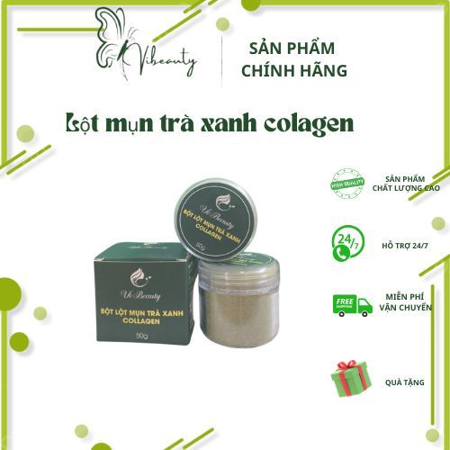   CHÍNH HÃNG  BỘT Lột mụn trà xanh collagen VIBeauty,hộp 50g lột sạch mụn đầu đen mụn cám sợi bả nhờn. 