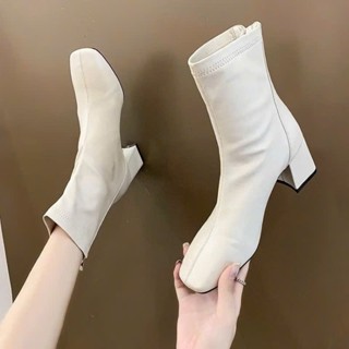 Bốt Nữ cổ thấp AAA giày Boots da mềm lót nỉ khoá sau cao cấp Boot mũi vuông boots lửng thời trang đế cao 5cm